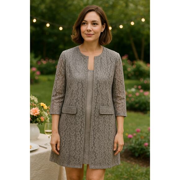 Chicos Lace Jacket Womens Sz 2 US 12 Large 3/4 Sleeve Gray Silver Event Evening - Picture 1 of 13